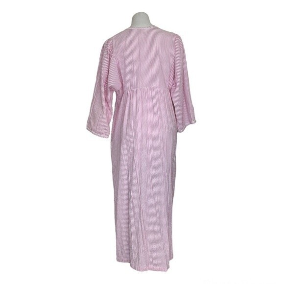 STAN HERMAN Pink White Stripe House Dress Robe Seersucker Embroidered Size Large - Picture 2 of 10